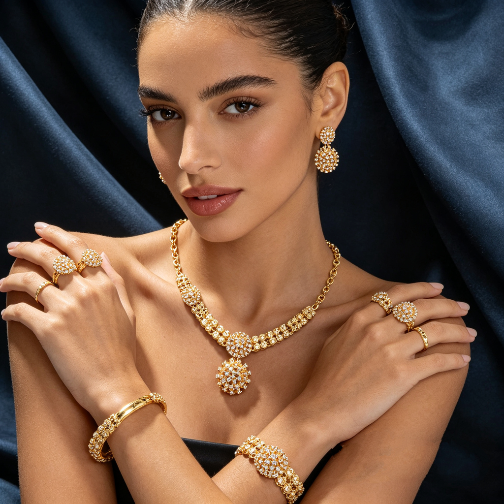 Gold Diamond Jewelry Set for Women, 4-Piece Necklace Earrings Ring Bracelet Set