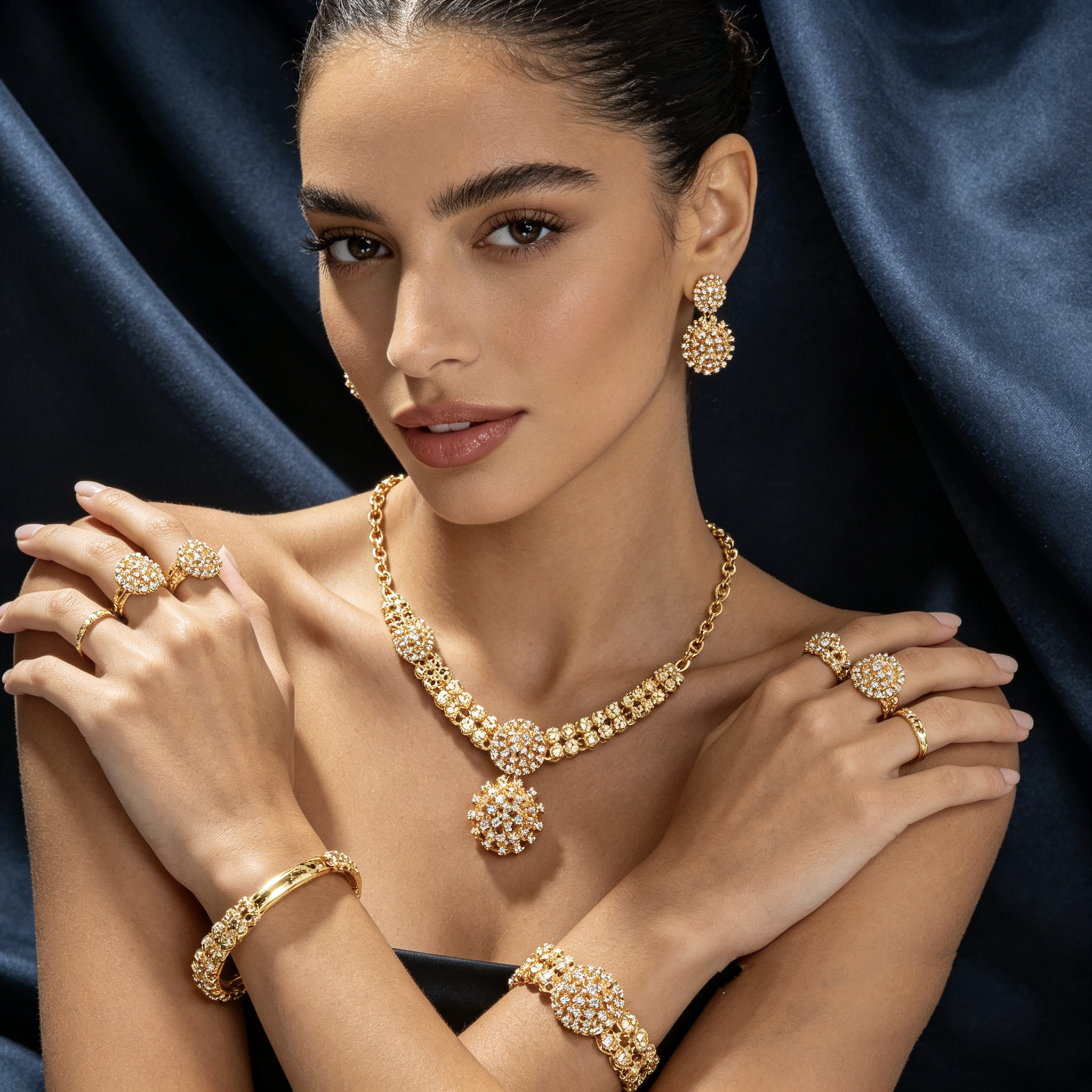 Gold Diamond Jewelry Set for Women, 4-Piece Necklace Earrings Ring Bracelet Set