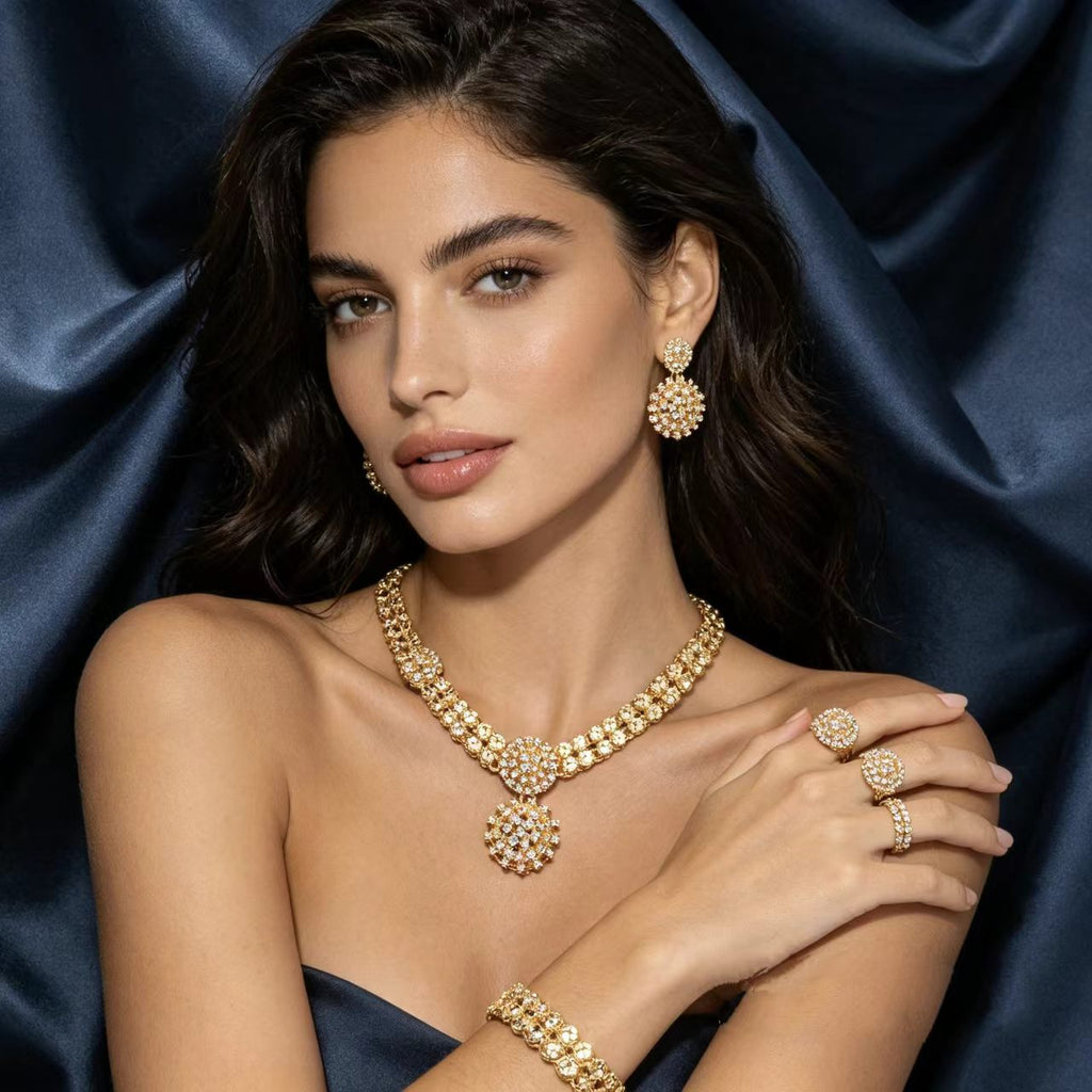 Gold Diamond Jewelry Set for Women, 4-Piece Necklace Earrings Ring Bracelet Set