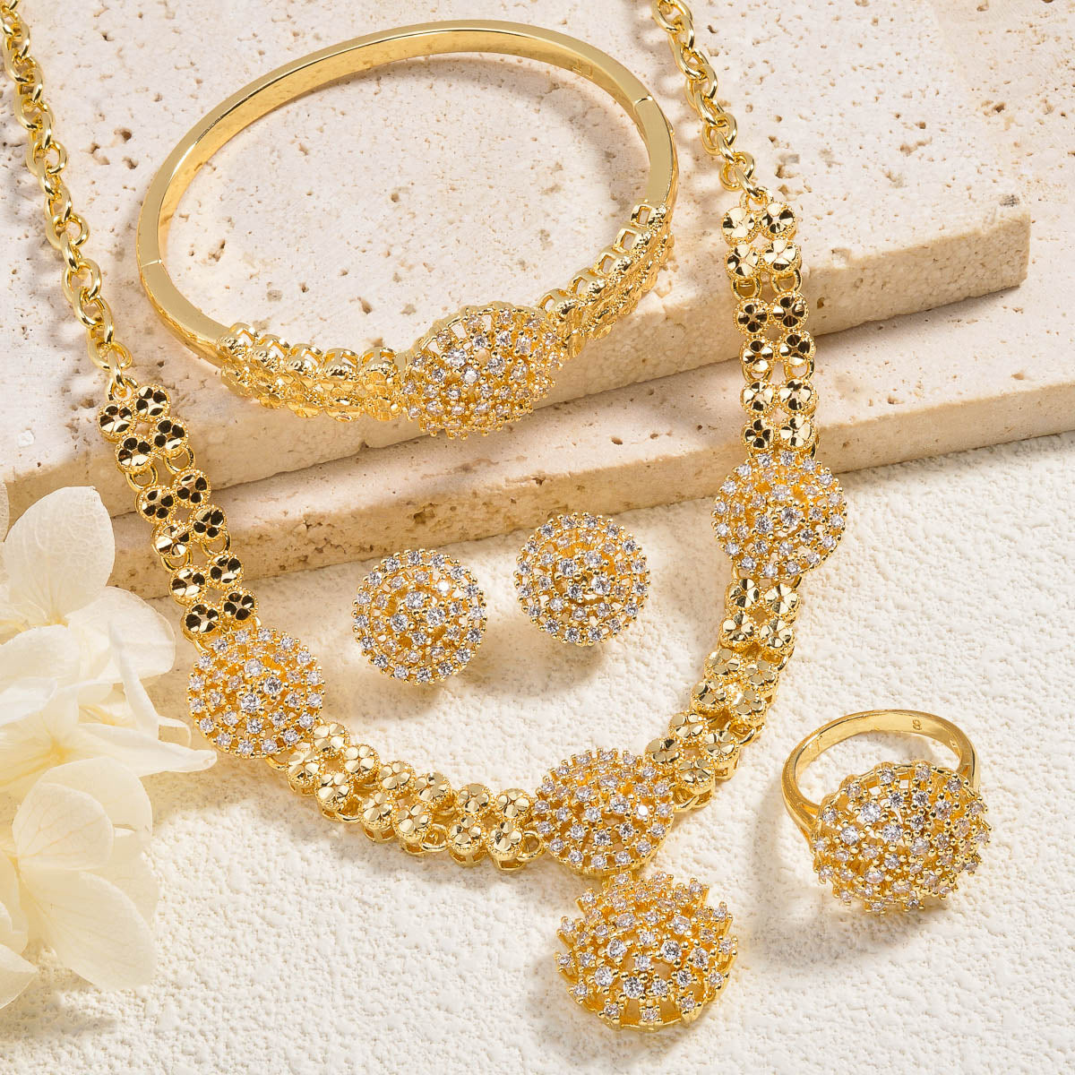Gold Diamond Jewelry Set for Women, 4-Piece Necklace Earrings Ring Bracelet Set