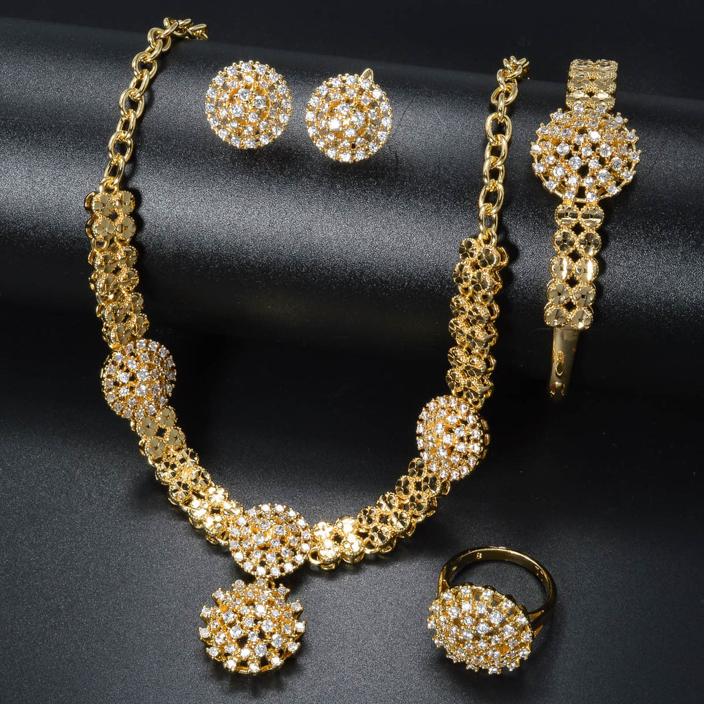 Gold Diamond Jewelry Set for Women, 4-Piece Necklace Earrings Ring Bracelet Set