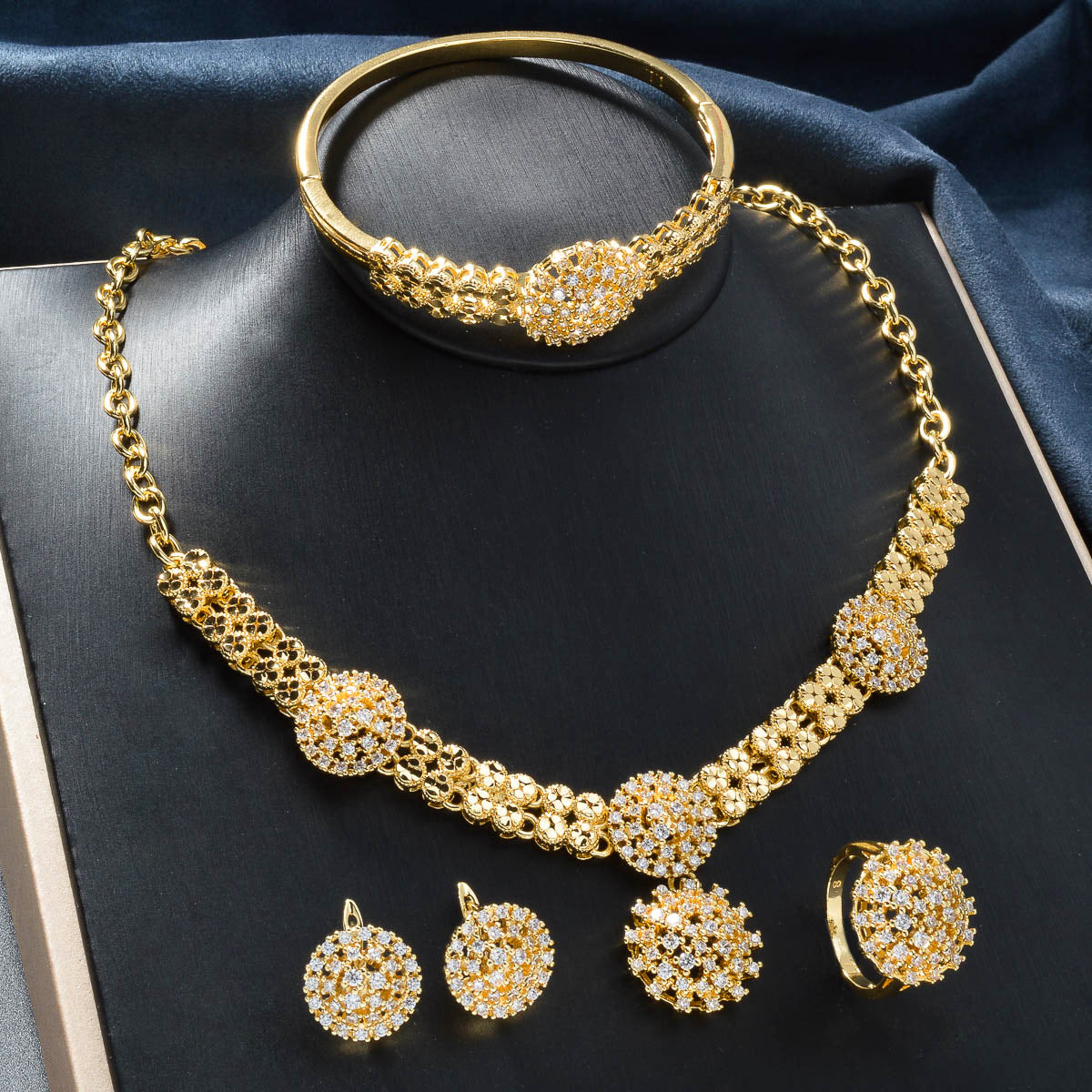 Gold Diamond Jewelry Set for Women, 4-Piece Necklace Earrings Ring Bracelet Set